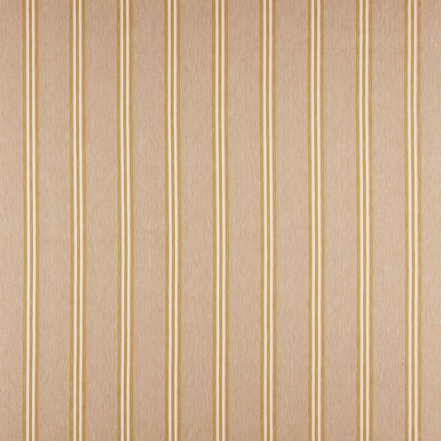 Vertical narrow gold stripes on a pale beige woven fabric swatch