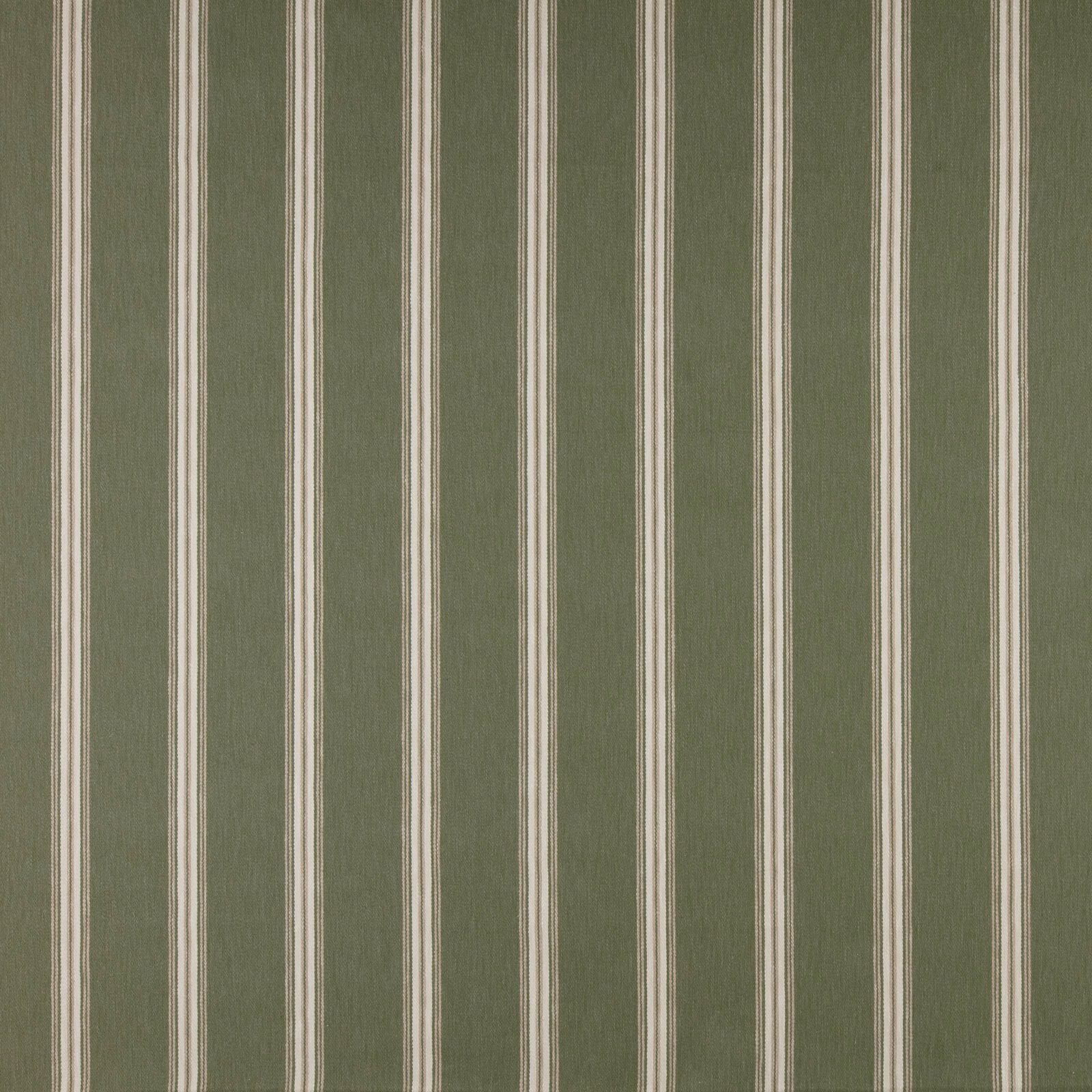 Olive green striped fabric with narrow cream vertical pinstripes