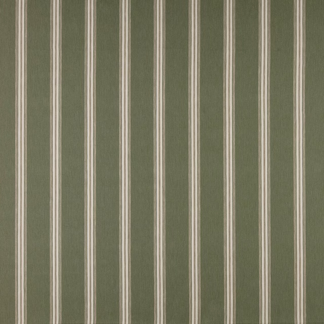 Olive green striped fabric with narrow cream vertical pinstripes