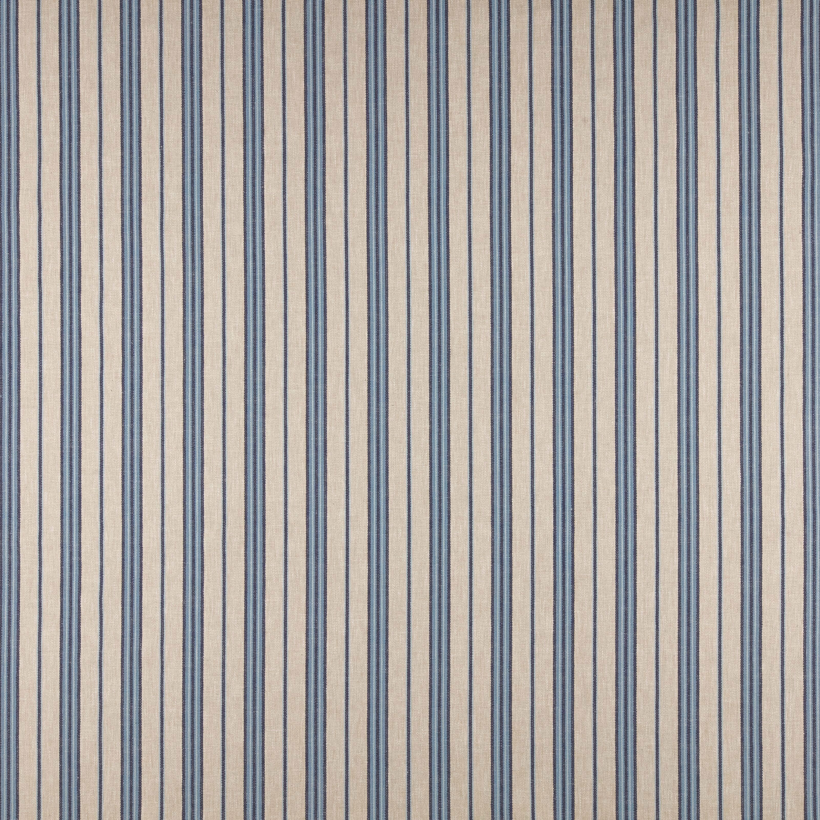 Cream fabric with narrow vertical denim blue stripes and a fine woven texture