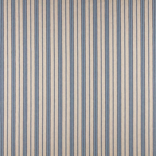 Cream fabric with narrow vertical denim blue stripes and a fine woven texture
