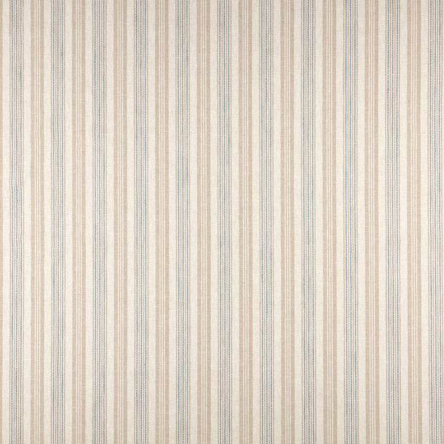 Cream striped fabric with fine denim blue and beige vertical pinstripes