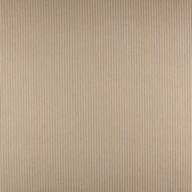 Close-up of warm flax beige fabric with fine white vertical pinstripes