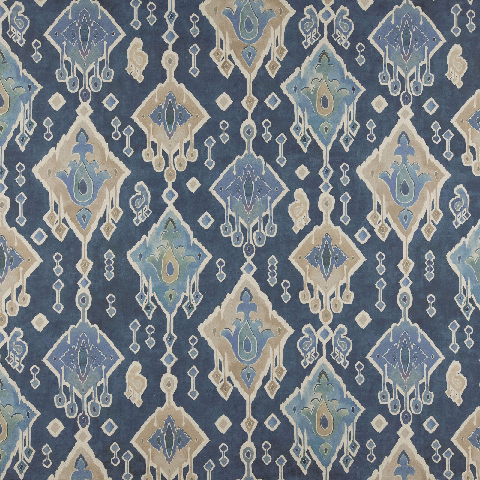 Indigo blue patterned fabric with cream, teal and blue diamond motifs