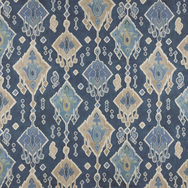 Indigo blue patterned fabric with cream, teal and blue diamond motifs