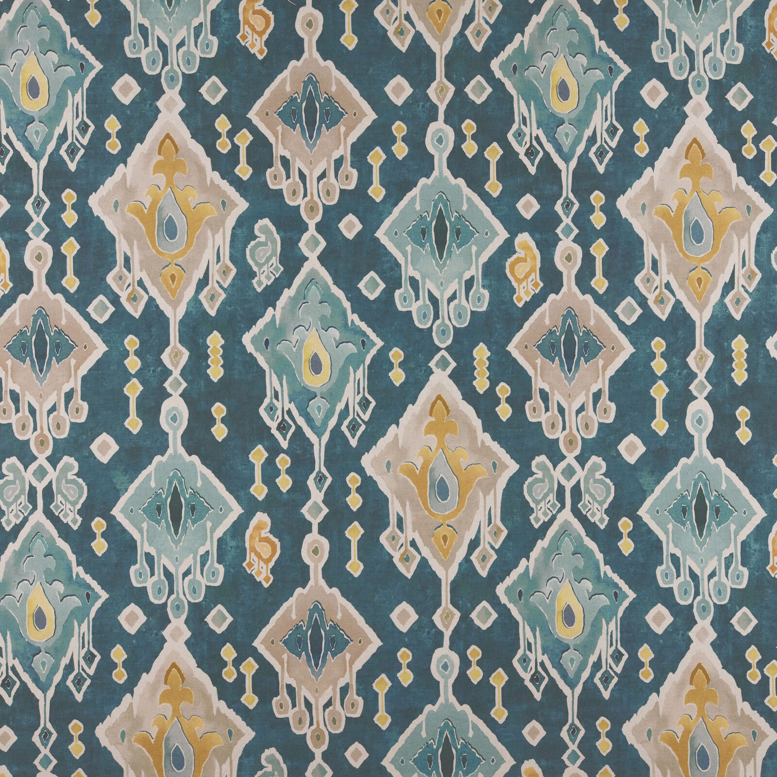 Teal patterned fabric with large diamond motifs in aqua, ivory and mustard