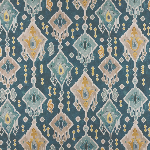 Teal patterned fabric with large diamond motifs in aqua, ivory and mustard