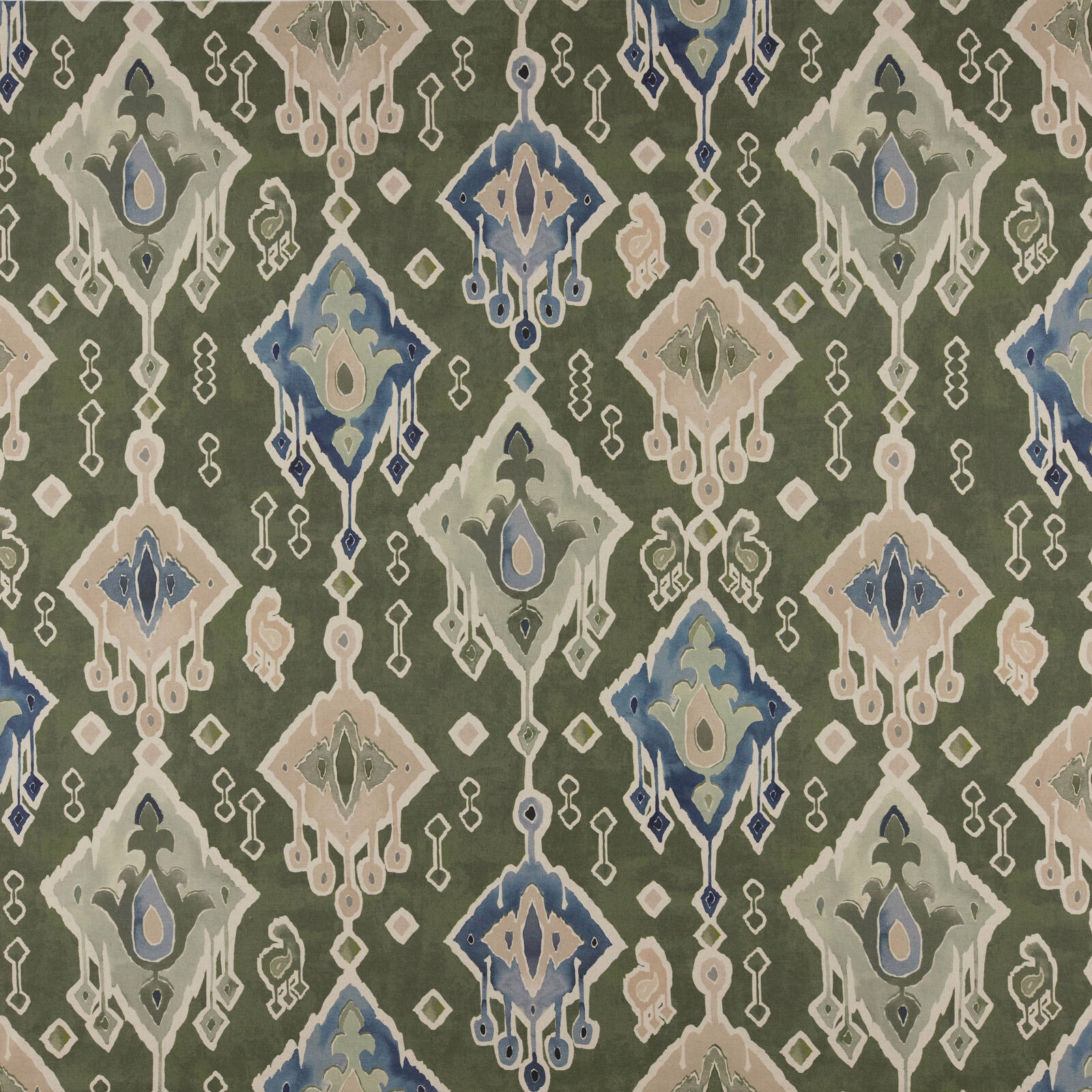 Olive green patterned fabric with cream and blue geometric medallions