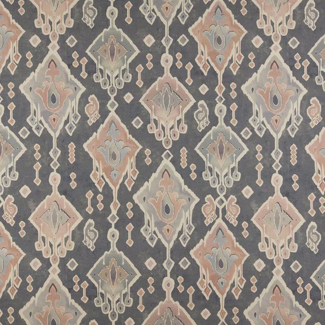 Smoky grey geometric fabric swatch with blush, ivory and sage traditional motif