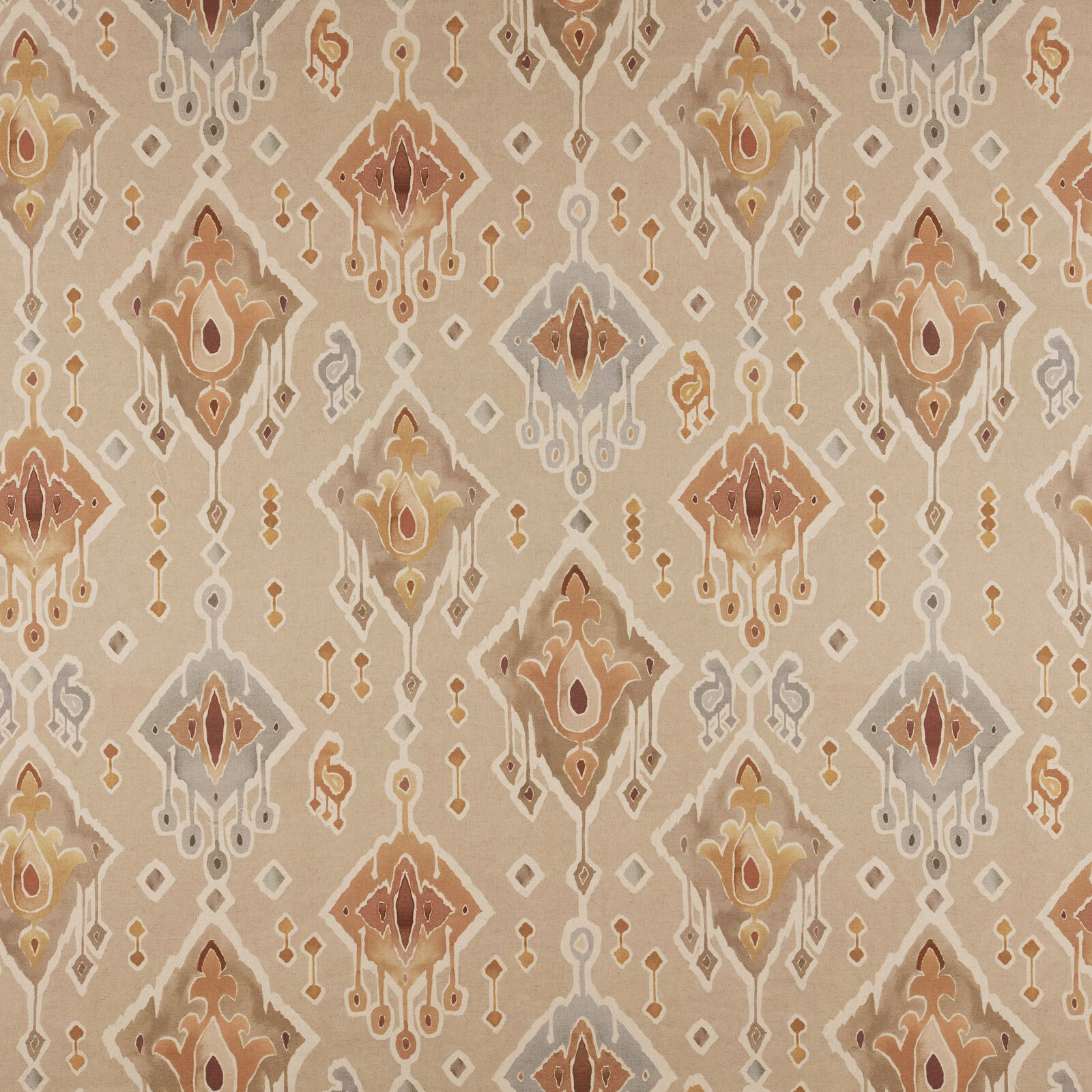 Terracotta and stone geometric woven fabric with repeated diamond motifs on a warm beige ground