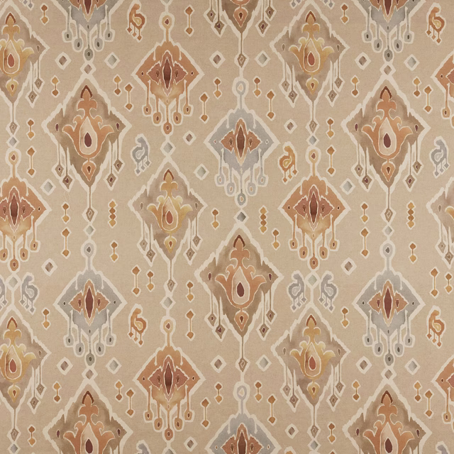 Terracotta and stone geometric woven fabric with repeated diamond motifs on a warm beige ground