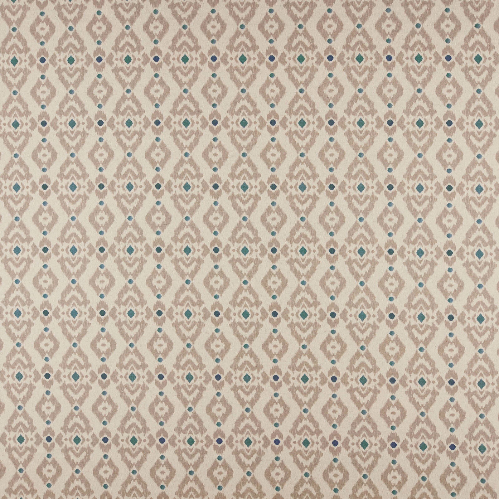 Beige geometric fabric swatch with small teal diamond accents and traditional woven texture