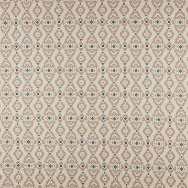 Beige geometric fabric swatch with small teal diamond accents and traditional woven texture