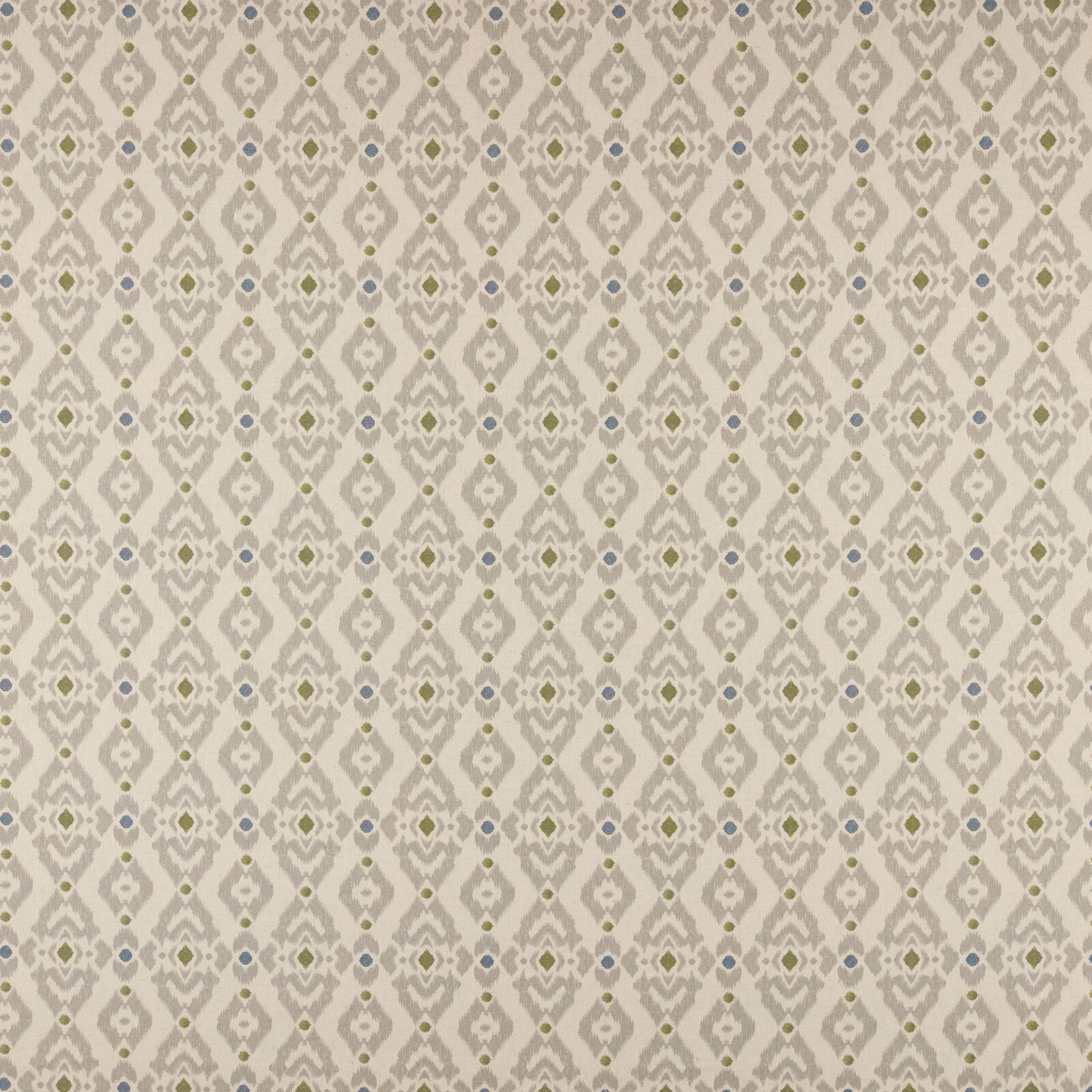 Small traditional geometric fabric in soft olive, ivory and blue-grey tones