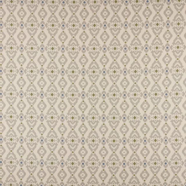 Small traditional geometric fabric in soft olive, ivory and blue-grey tones