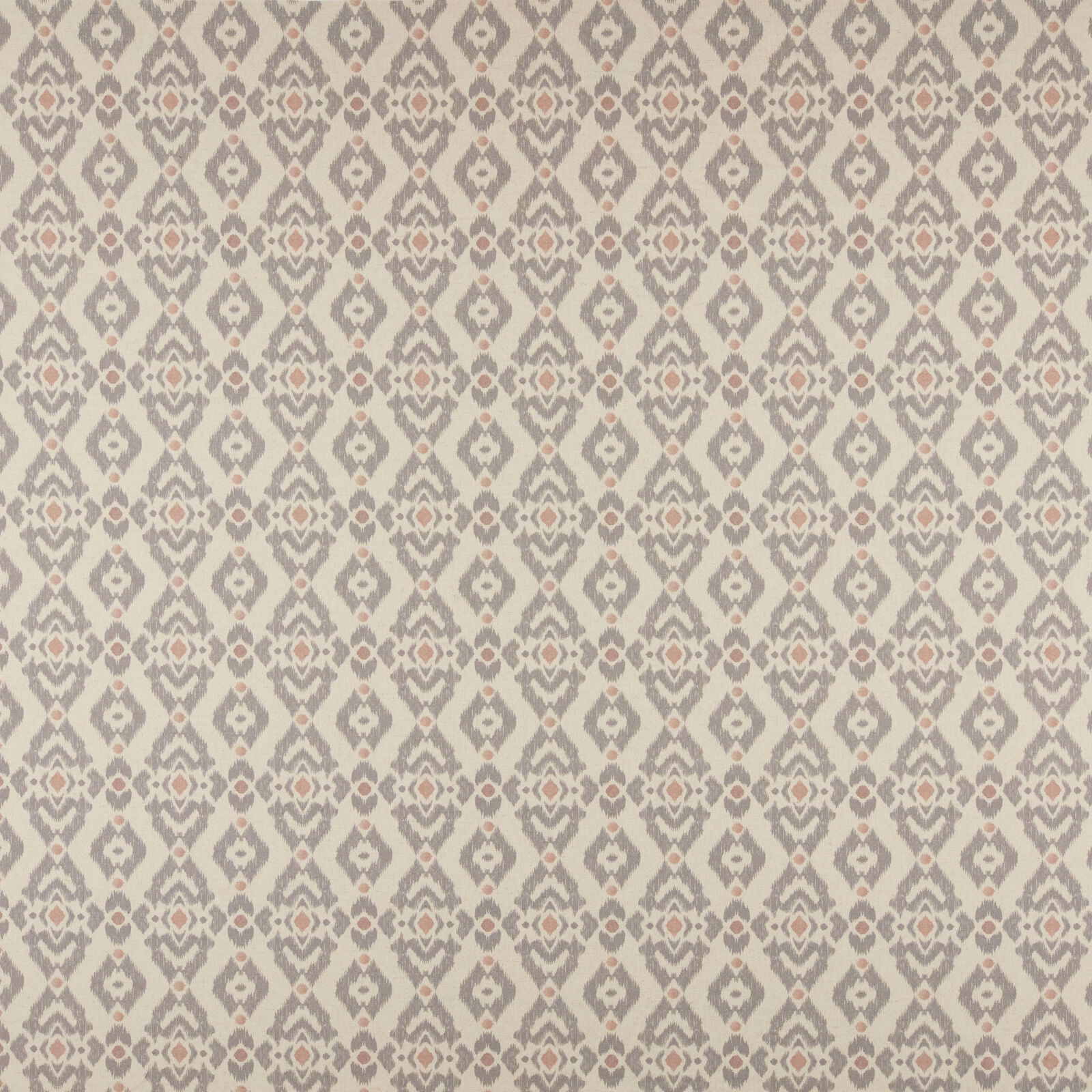 Cream geometric fabric with soft rose and grey motifs on a textured weave
