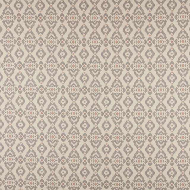 Cream geometric fabric with soft rose and grey motifs on a textured weave