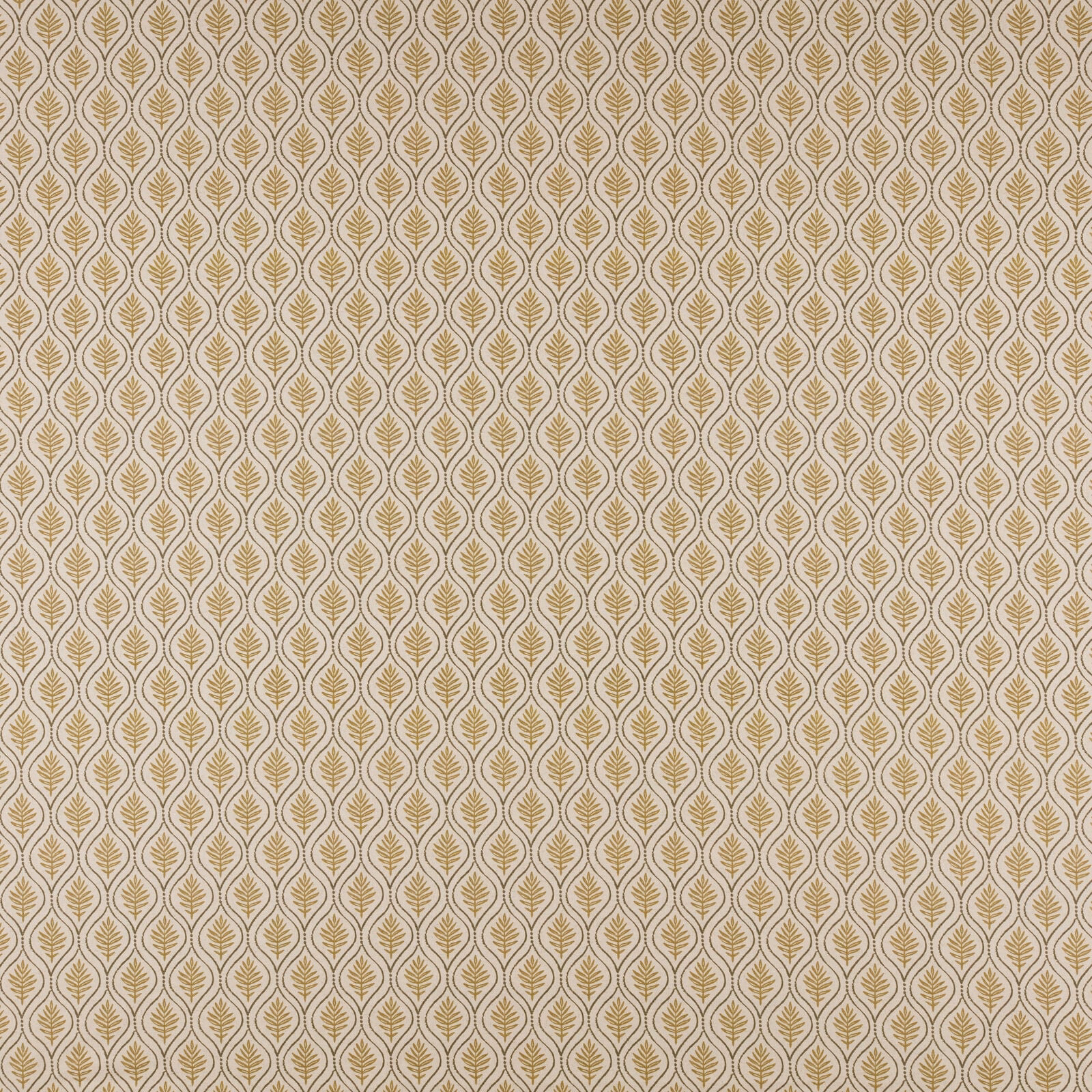 Small mustard-gold leaf repeat on an ivory-beige woven fabric swatch