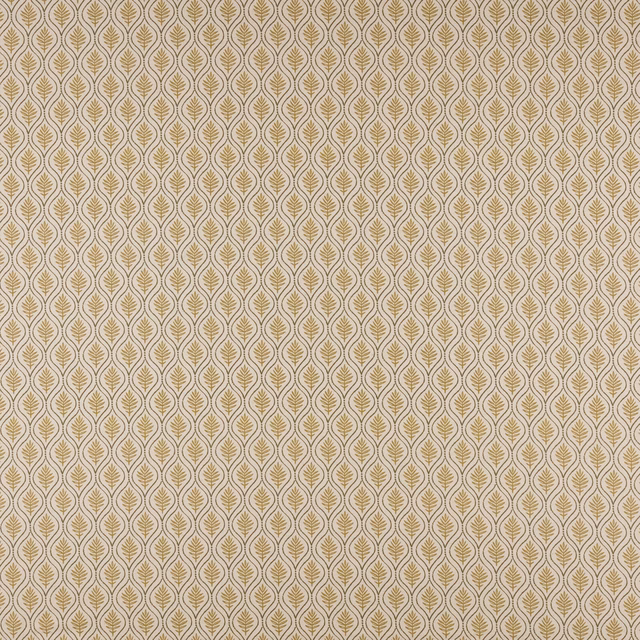 Small mustard-gold leaf repeat on an ivory-beige woven fabric swatch