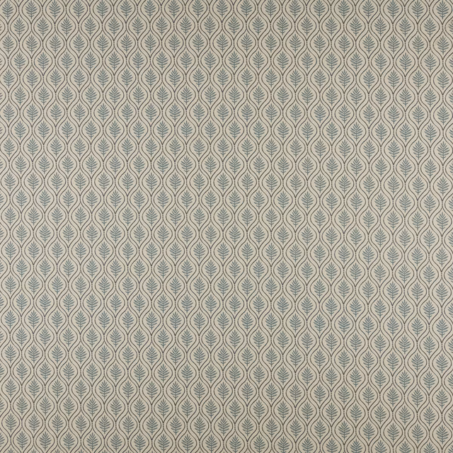 Pale woven fabric with a small indigo leaf-and-oval repeat pattern
