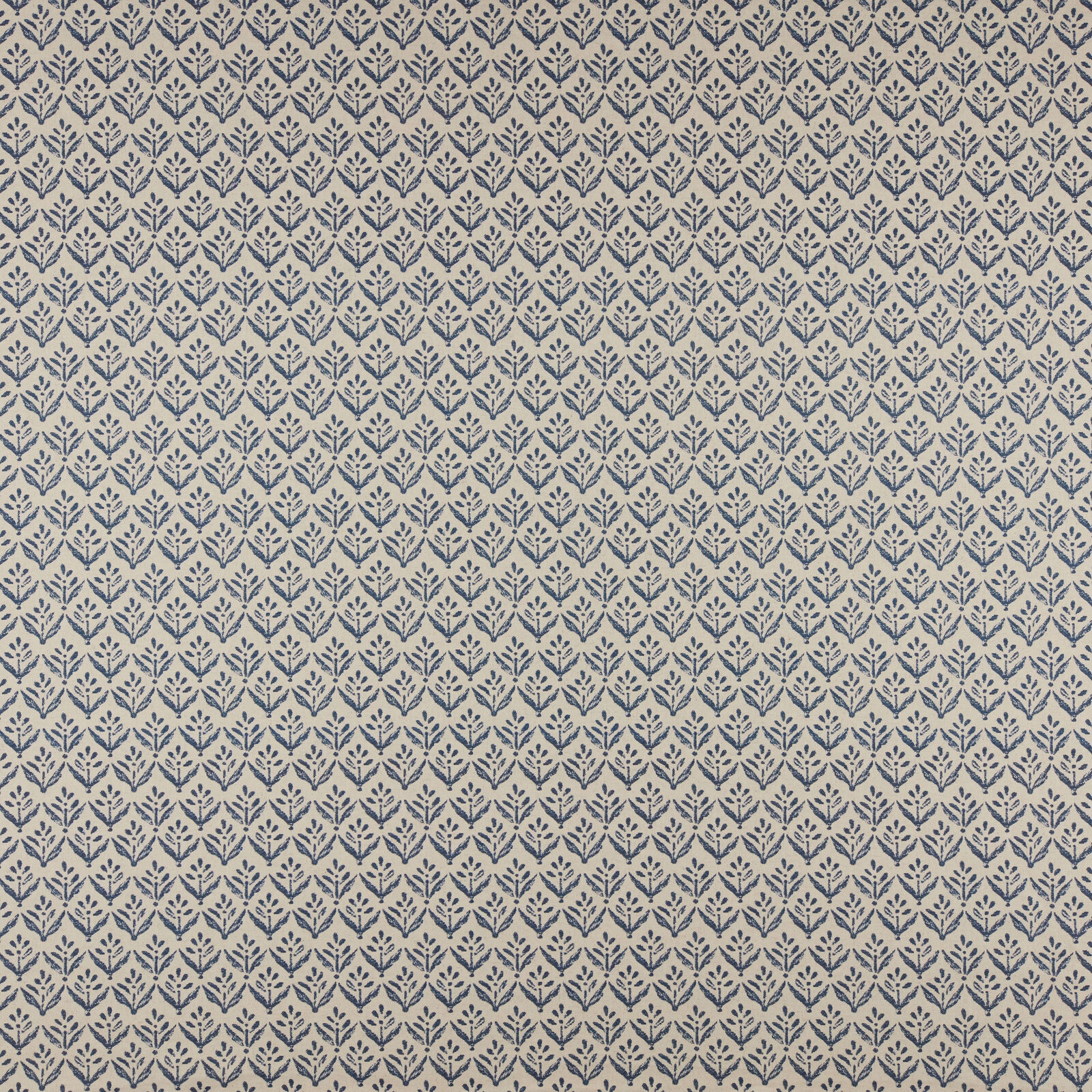 Small blue botanical print on an oat-coloured woven fabric swatch