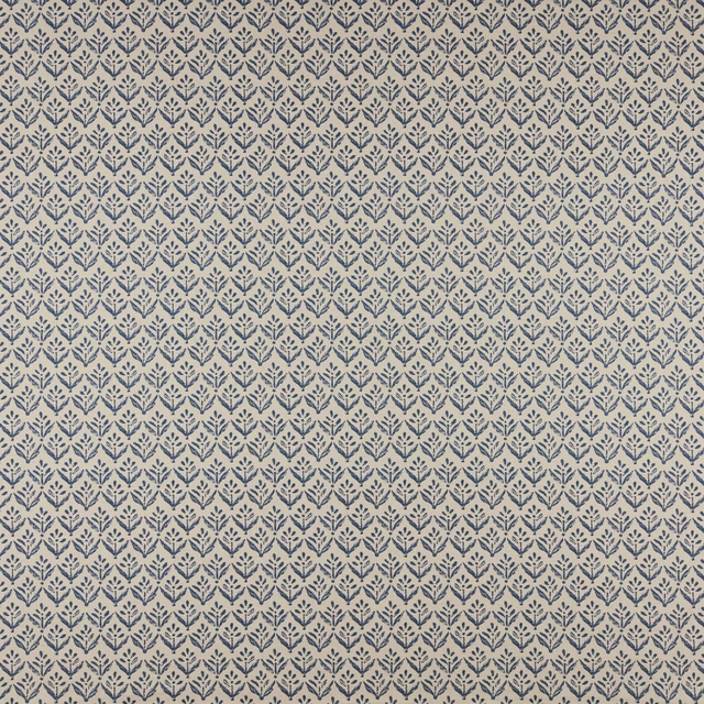 Small blue botanical print on an oat-coloured woven fabric swatch