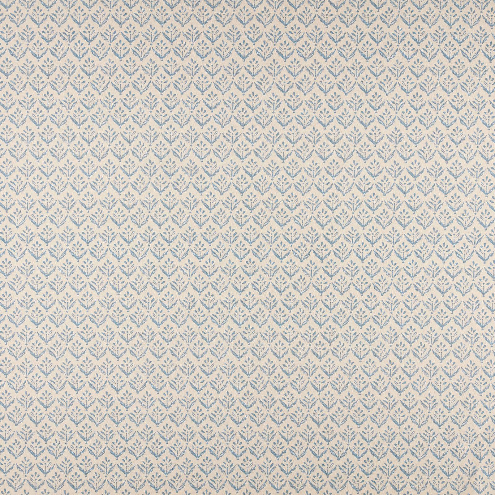 Cream fabric with small soft blue floral trail repeat and fine woven texture