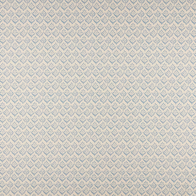 Cream fabric with small soft blue floral trail repeat and fine woven texture