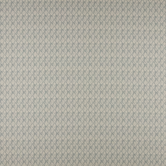 Small repeating damask fabric in muted grey-blue and pale beige tones