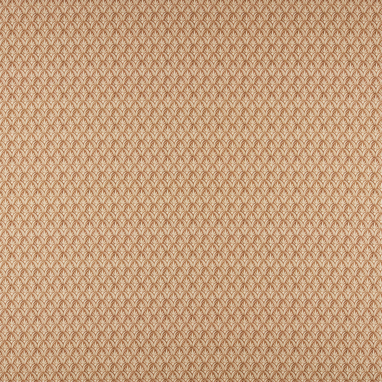 Warm bronze patterned fabric with small cream fan motif, tightly repeated