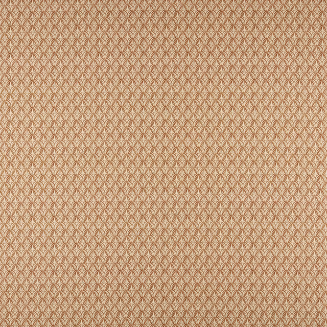Warm bronze patterned fabric with small cream fan motif, tightly repeated