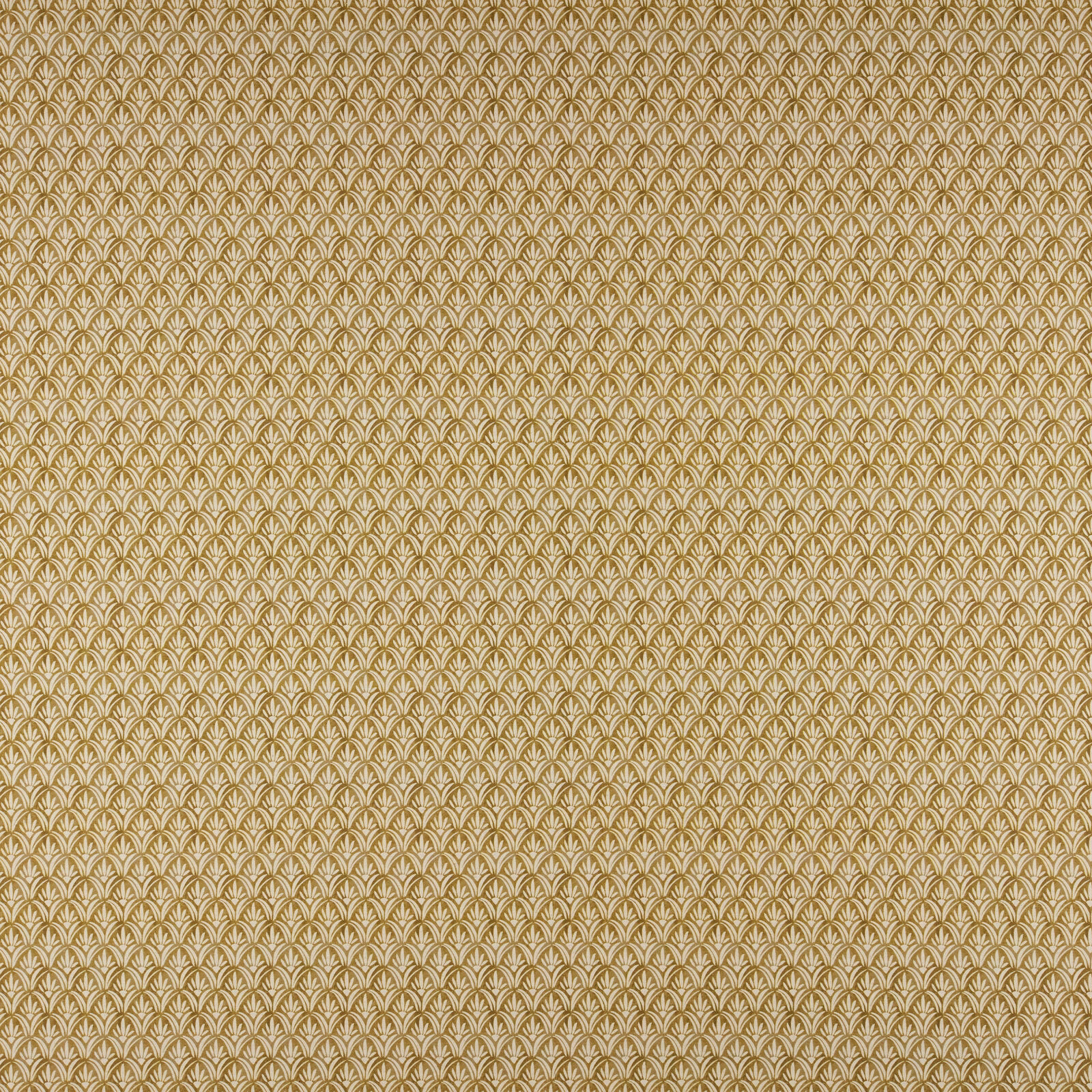 Small gold and cream damask weave with repeating fan motif on textured fabric