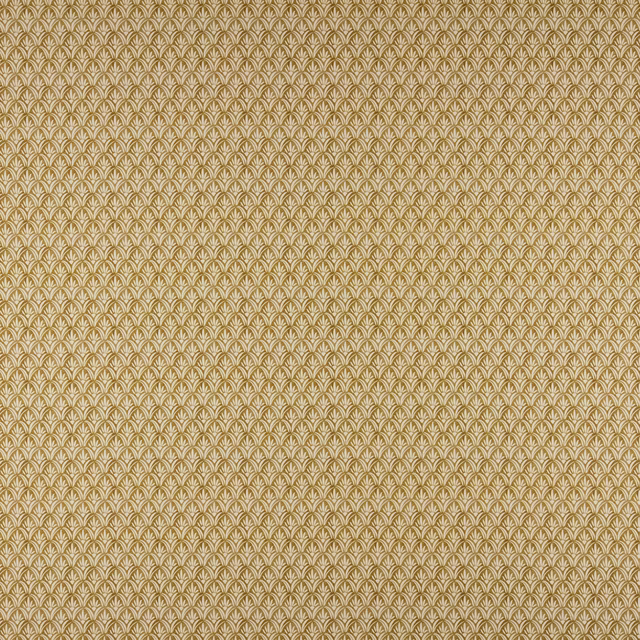 Small gold and cream damask weave with repeating fan motif on textured fabric