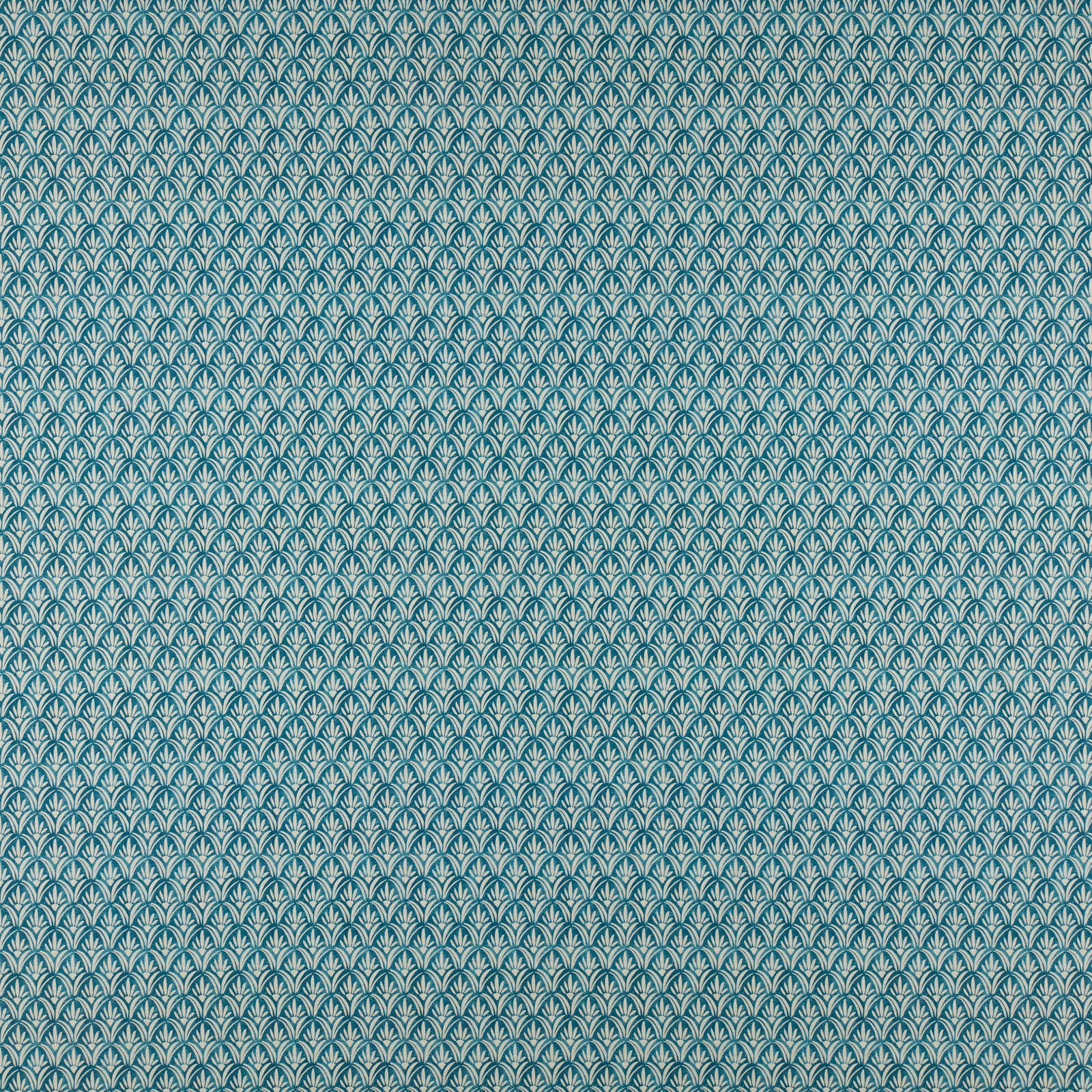 Teal-blue small-scale fan pattern fabric with pale contrast detail