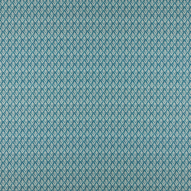 Teal-blue small-scale fan pattern fabric with pale contrast detail