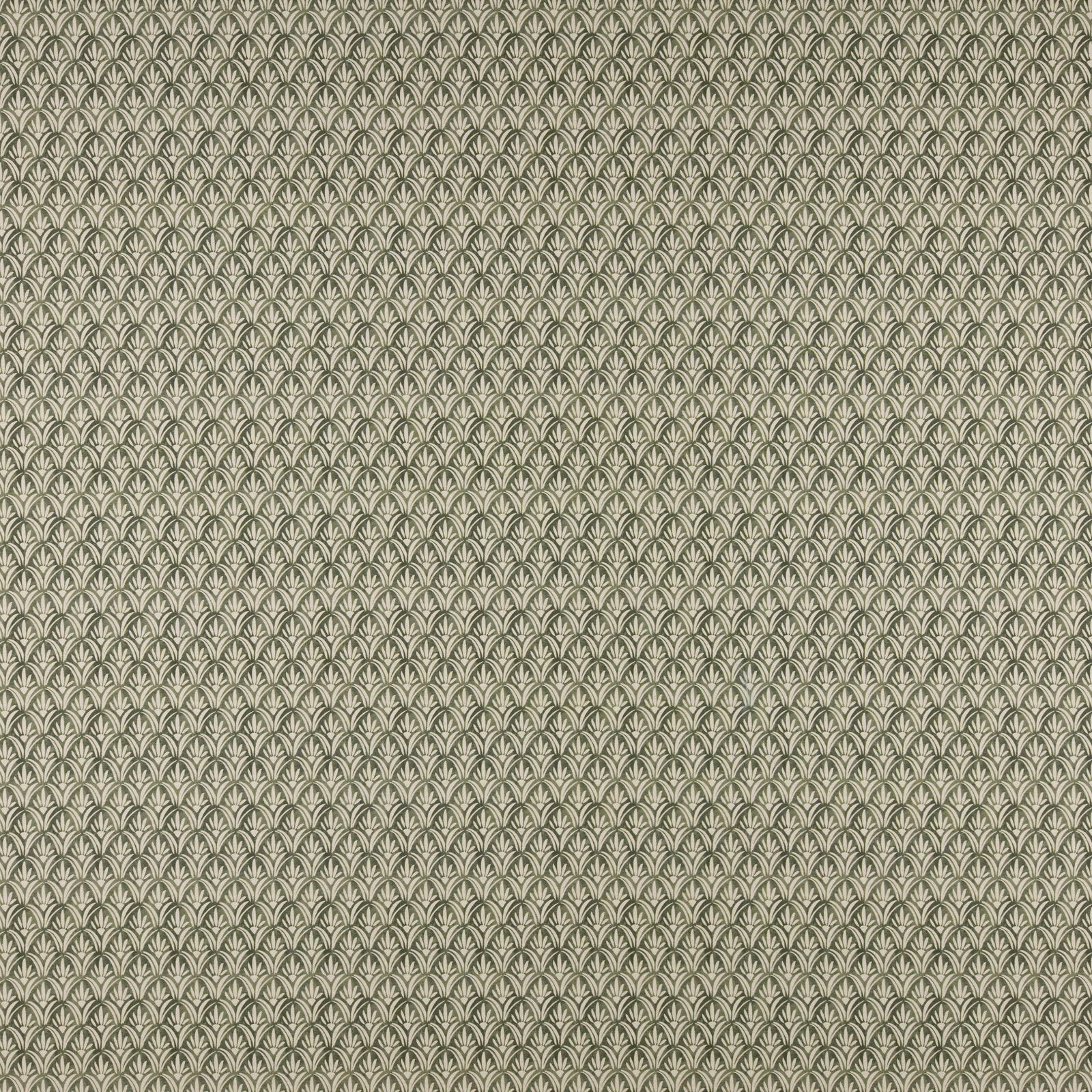 Olive green geometric fan-pattern fabric swatch with small repeating motif
