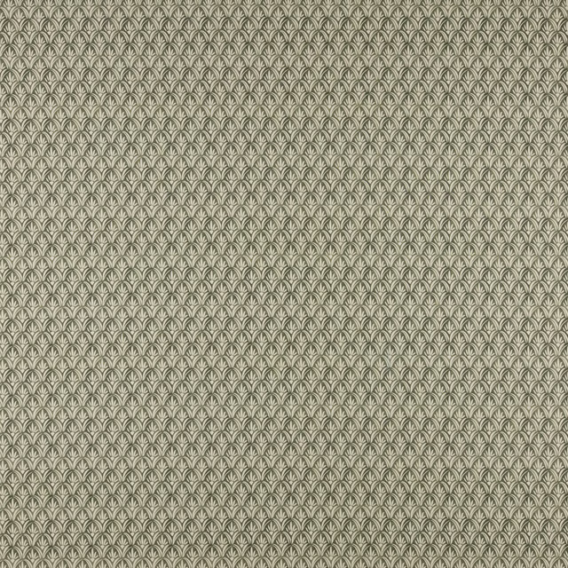 Olive green geometric fan-pattern fabric swatch with small repeating motif