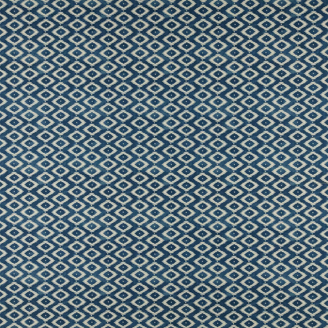 Midnight blue geometric fabric with small ivory diamond motif and woven texture