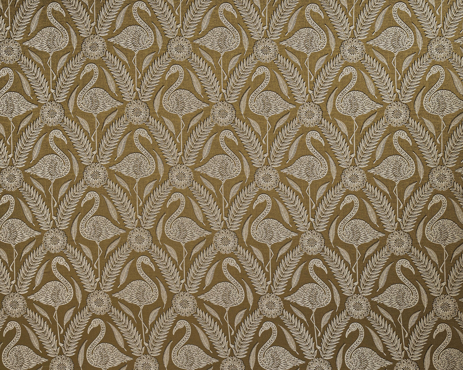 Ochre fabric swatch with ivory stylised birds and leafy botanical motif