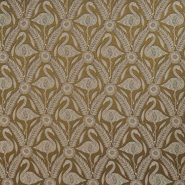 Ochre fabric swatch with ivory stylised birds and leafy botanical motif