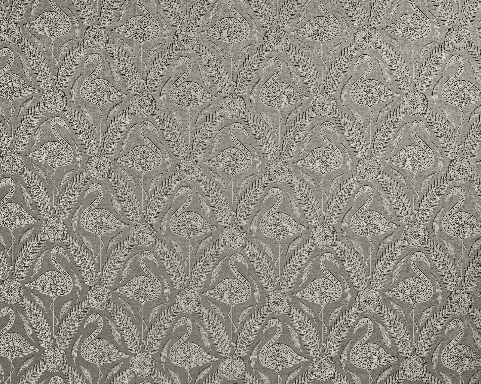Pebble grey bird-and-foliage patterned fabric swatch with raised woven detail