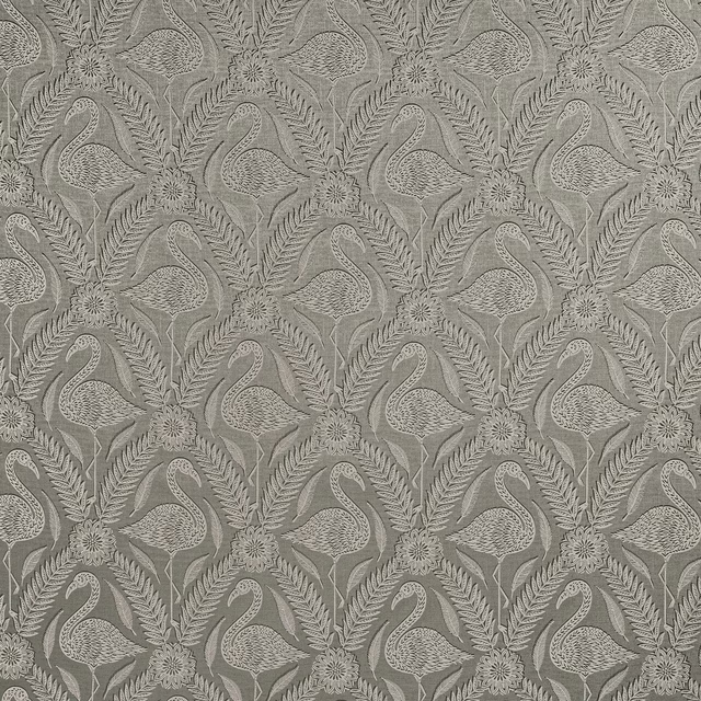 Pebble grey bird-and-foliage patterned fabric swatch with raised woven detail