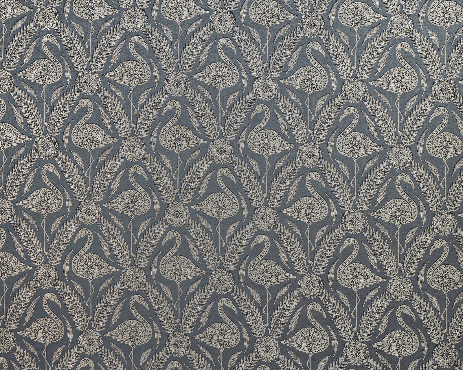 Slate blue patterned fabric with cream birds, leafy stems and floral motifs