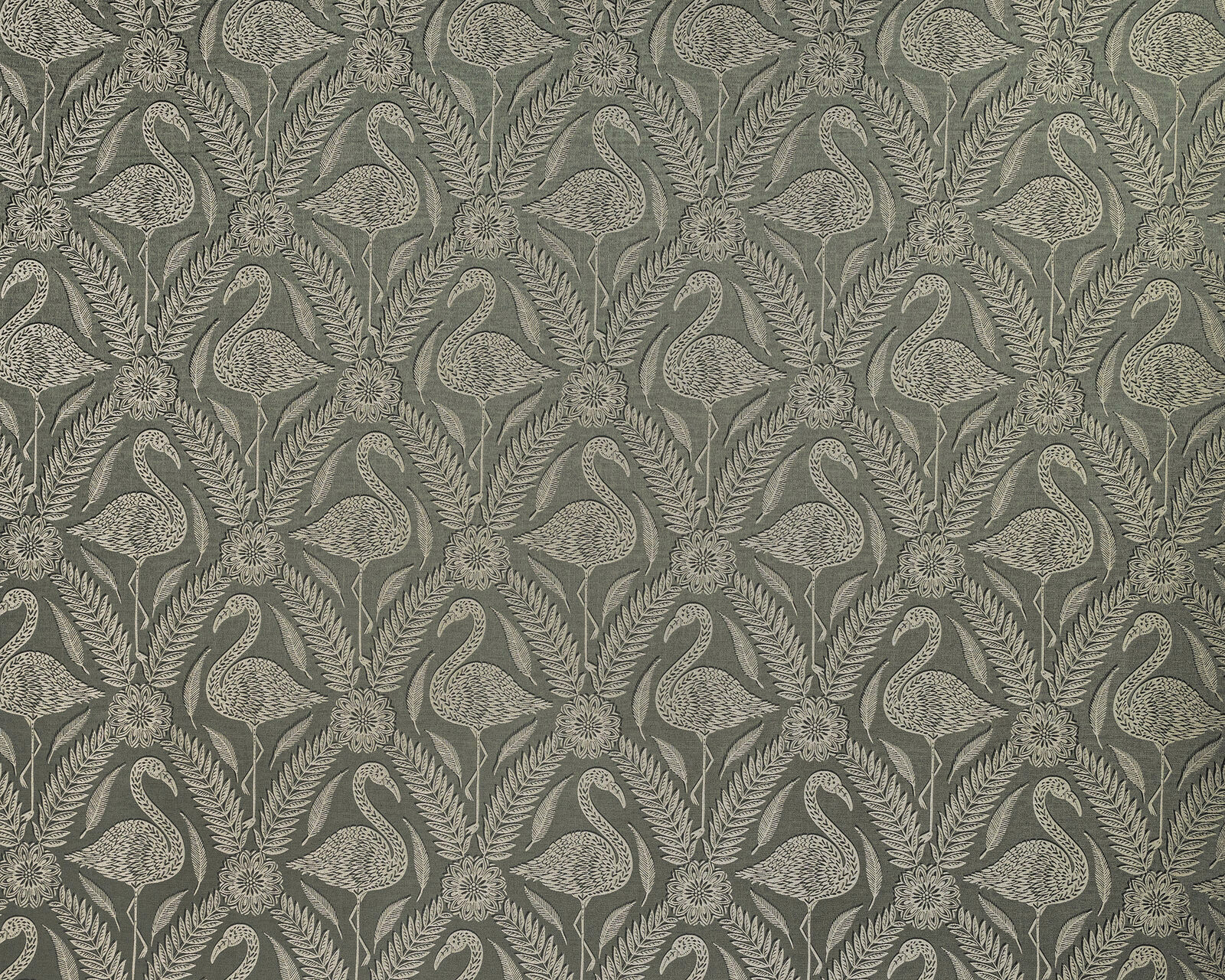 Muted sage green patterned fabric with stylised birds and leafy stems
