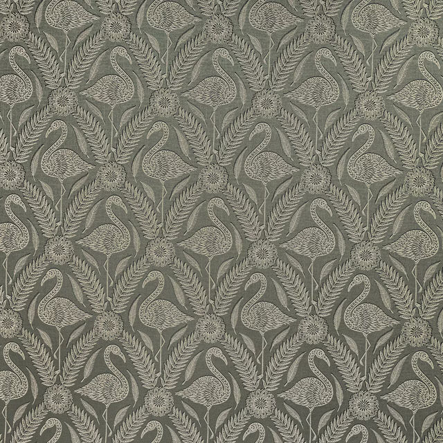 Muted sage green patterned fabric with stylised birds and leafy stems