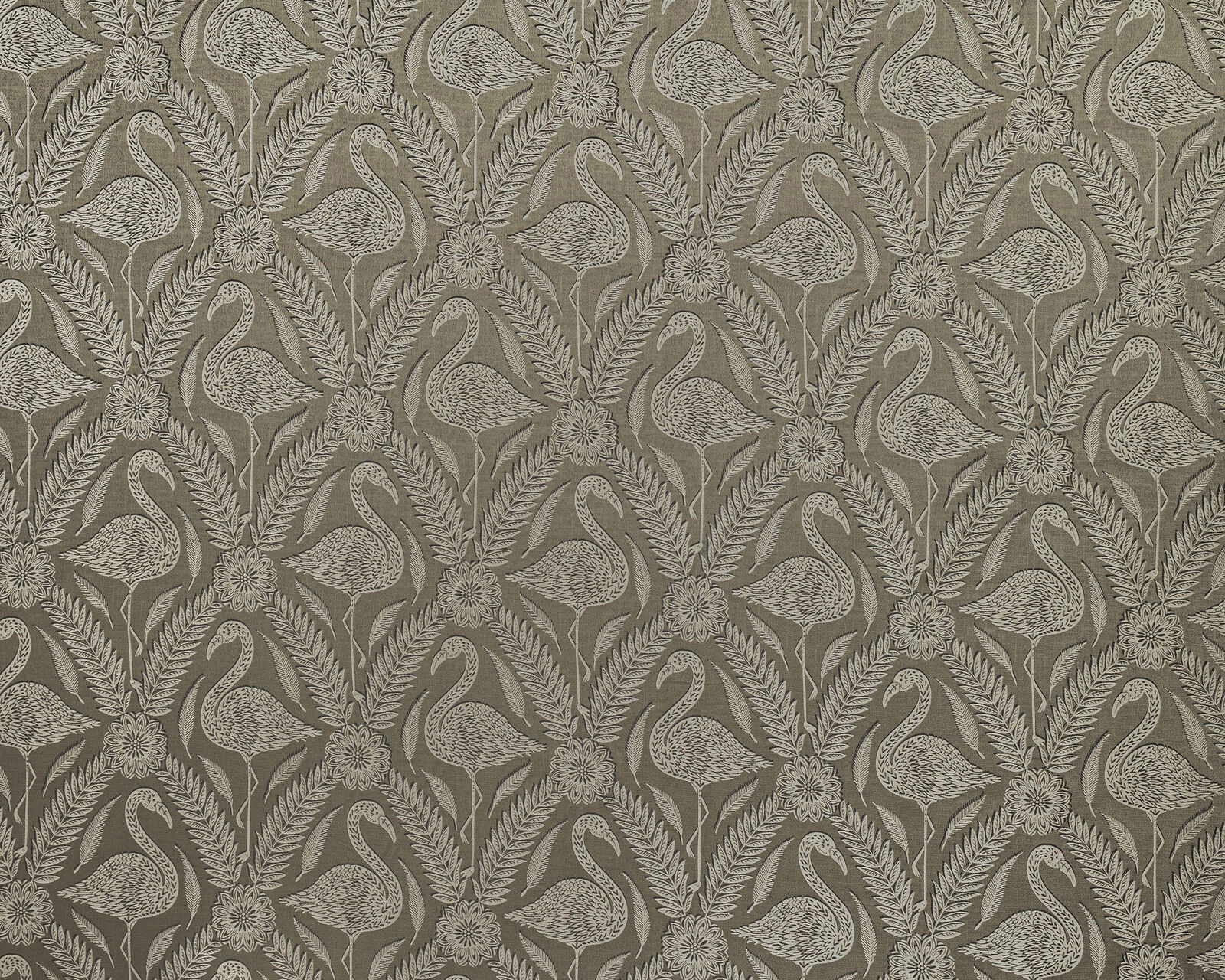 Taupe woven fabric with repeating birds, leaves and floral medallions