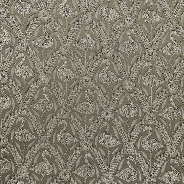Taupe woven fabric with repeating birds, leaves and floral medallions
