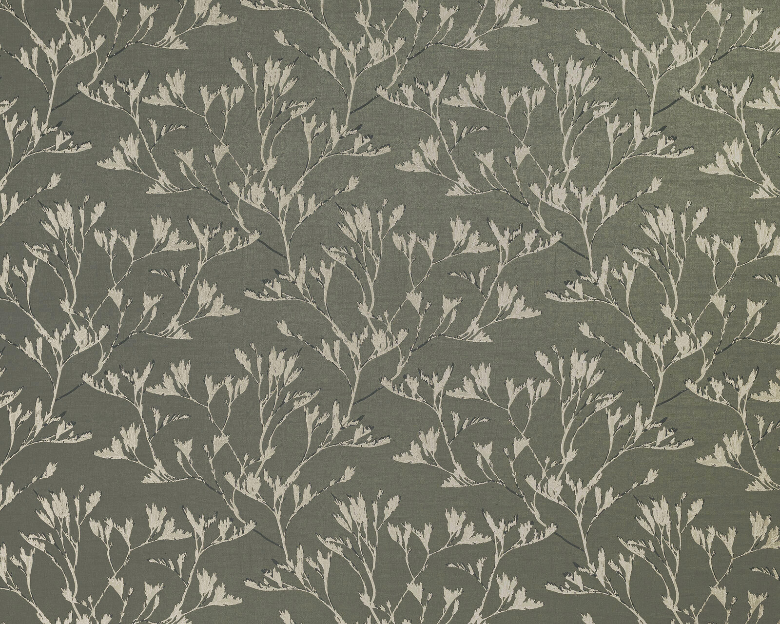 Sage green botanical drapery fabric with pale leafy trailing branches