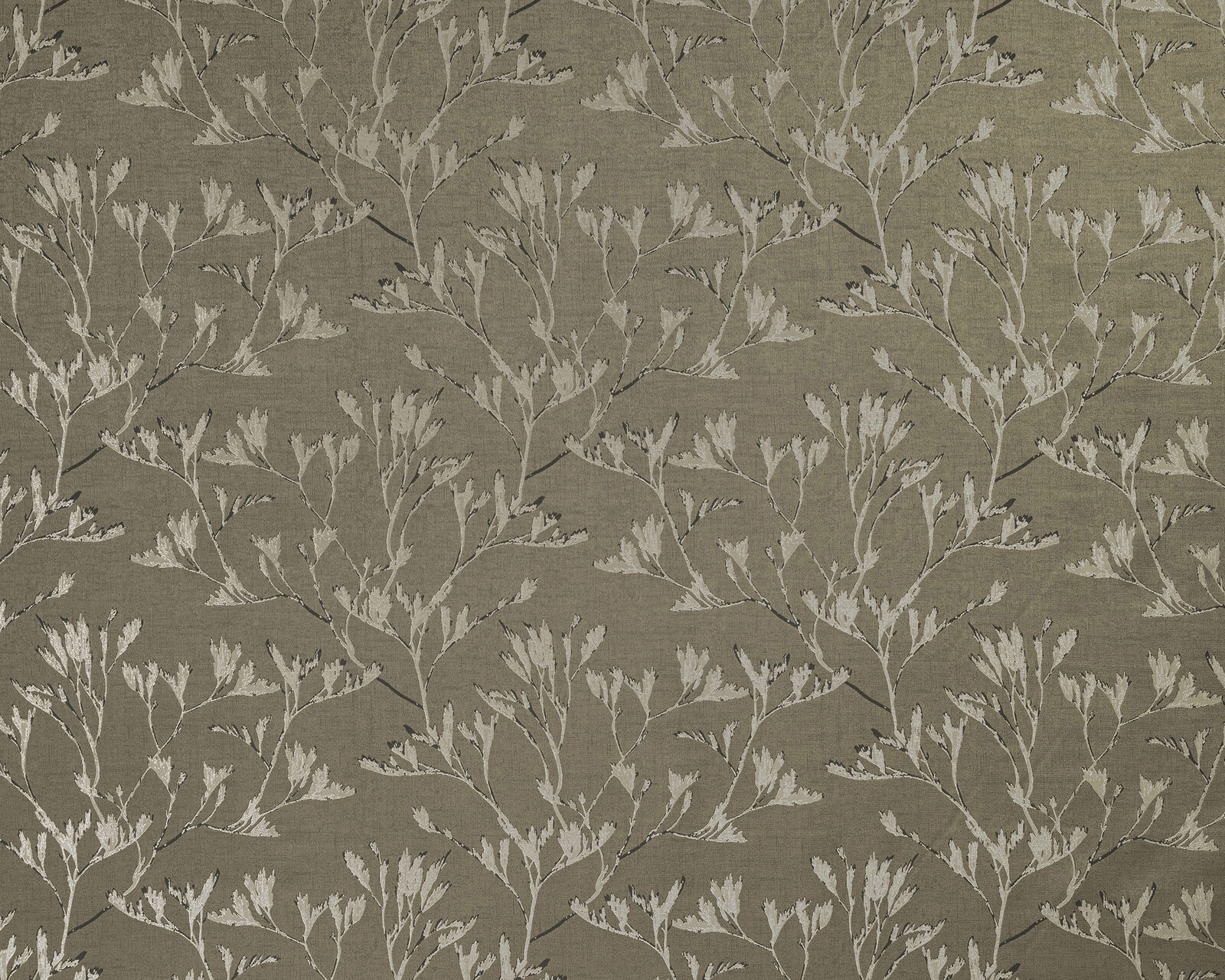 Muted olive botanical fabric with pale leaf branches and textured woven ground