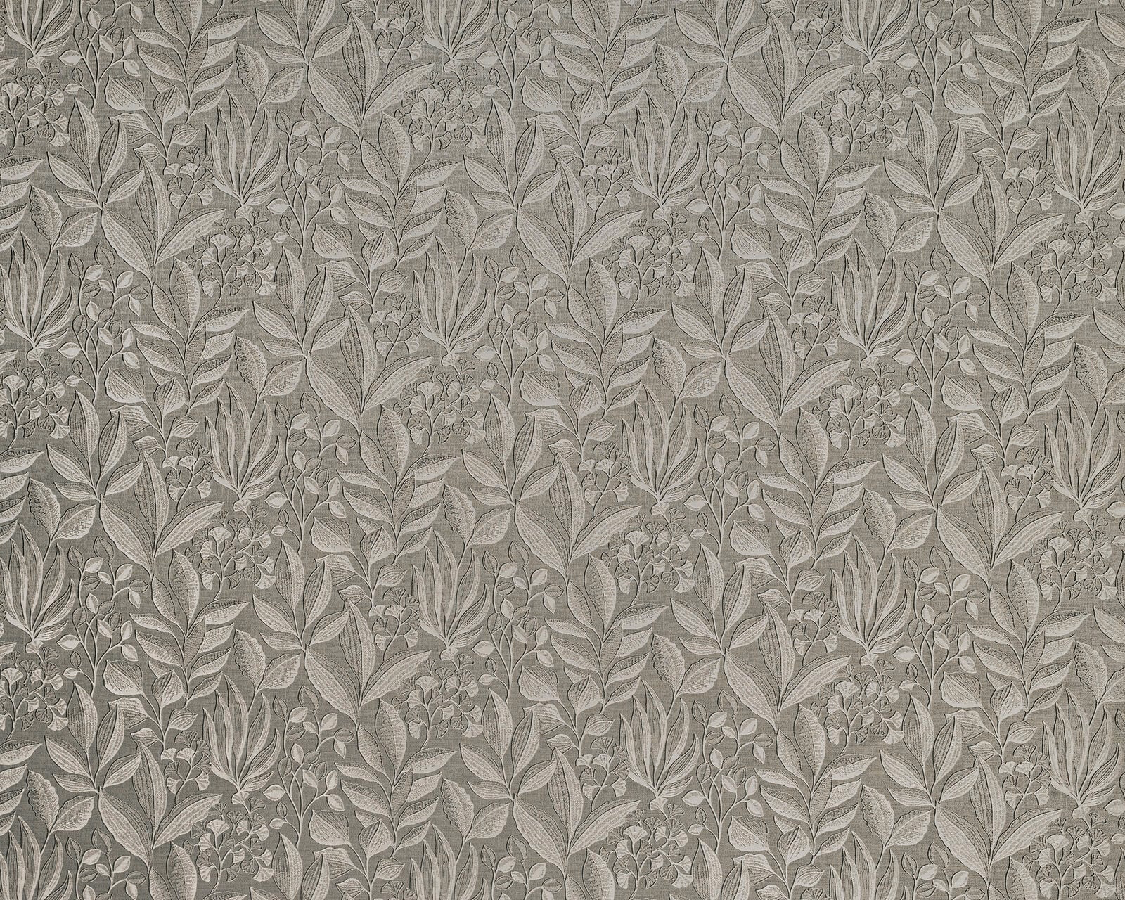 Soft pebble taupe botanical fabric with layered leaf and floral motif